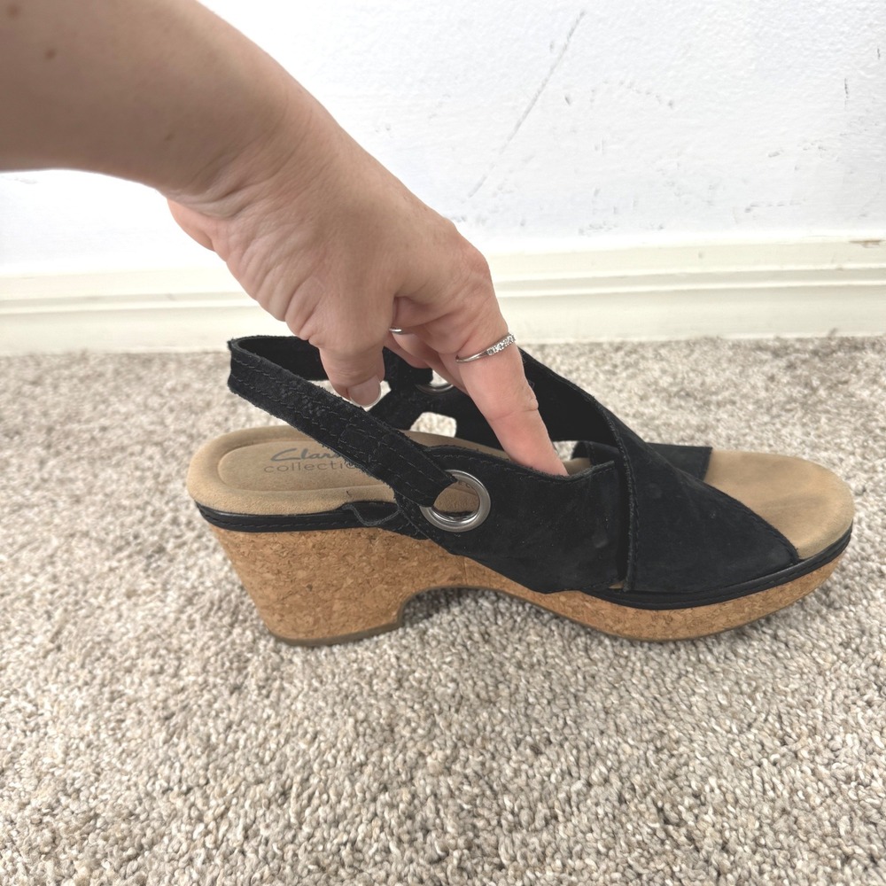 Clarks Collection Black Suede Cork Wedge Sandals 8.5 Ultimate Comfort Slingback